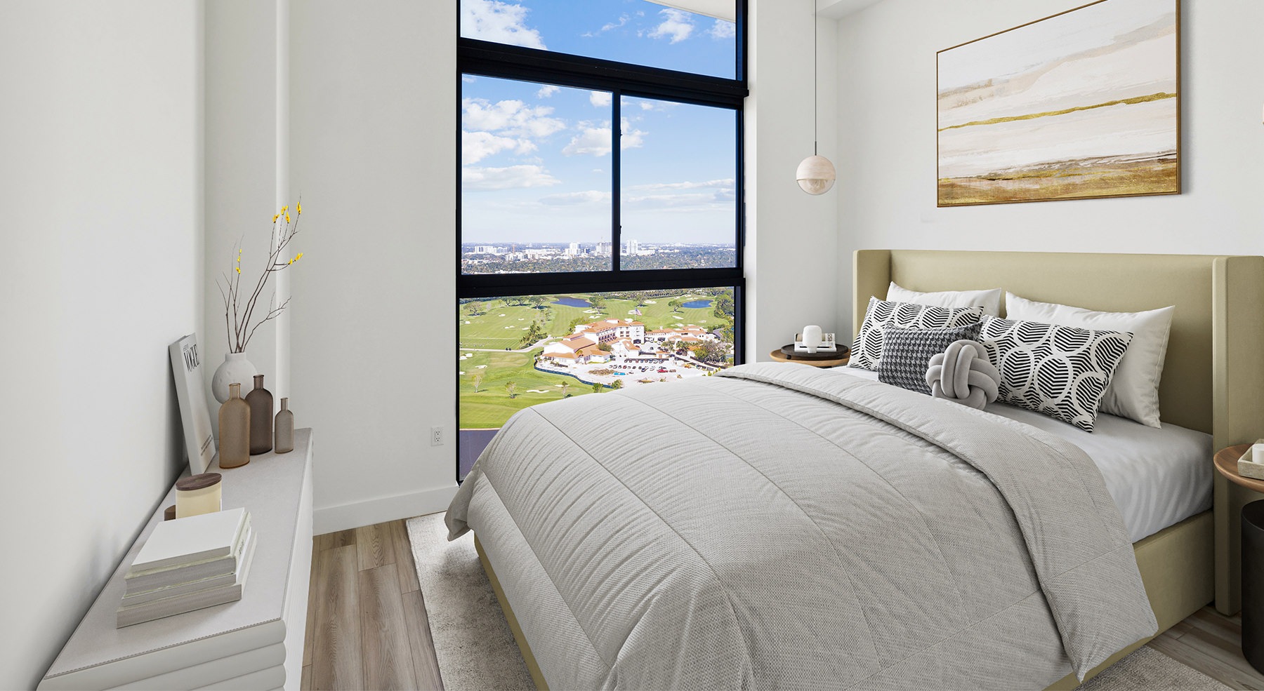 room with a bed and a large window