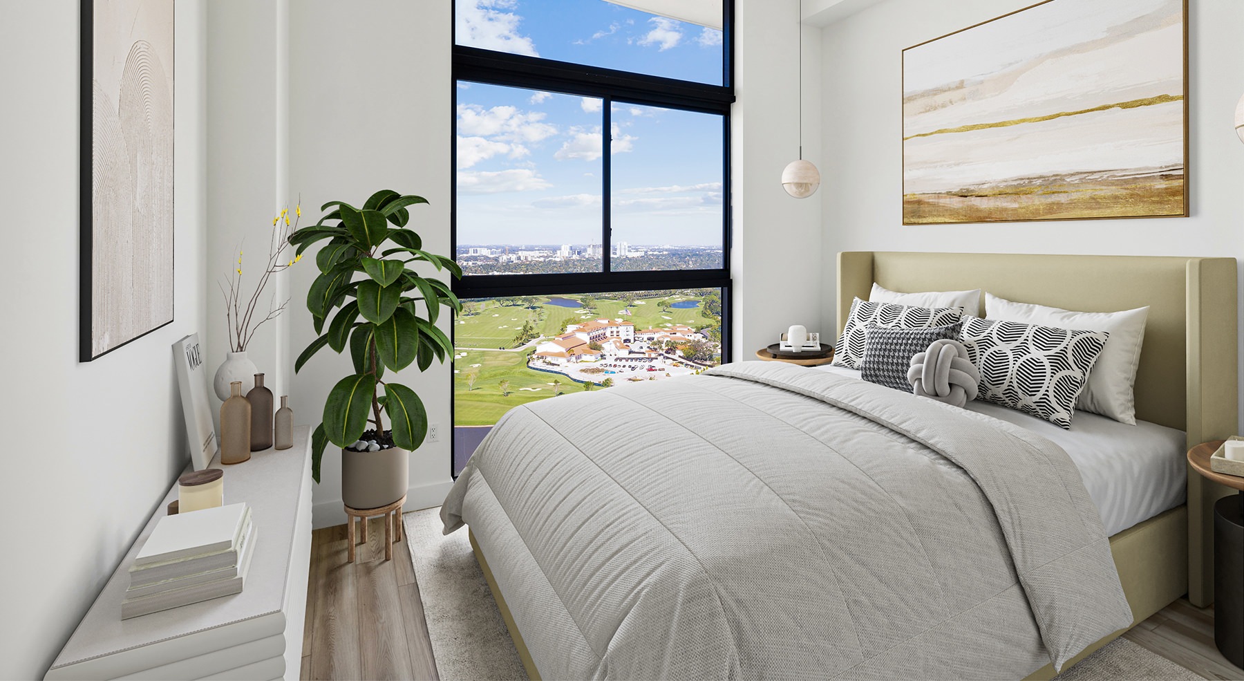 room with a bed and a large window