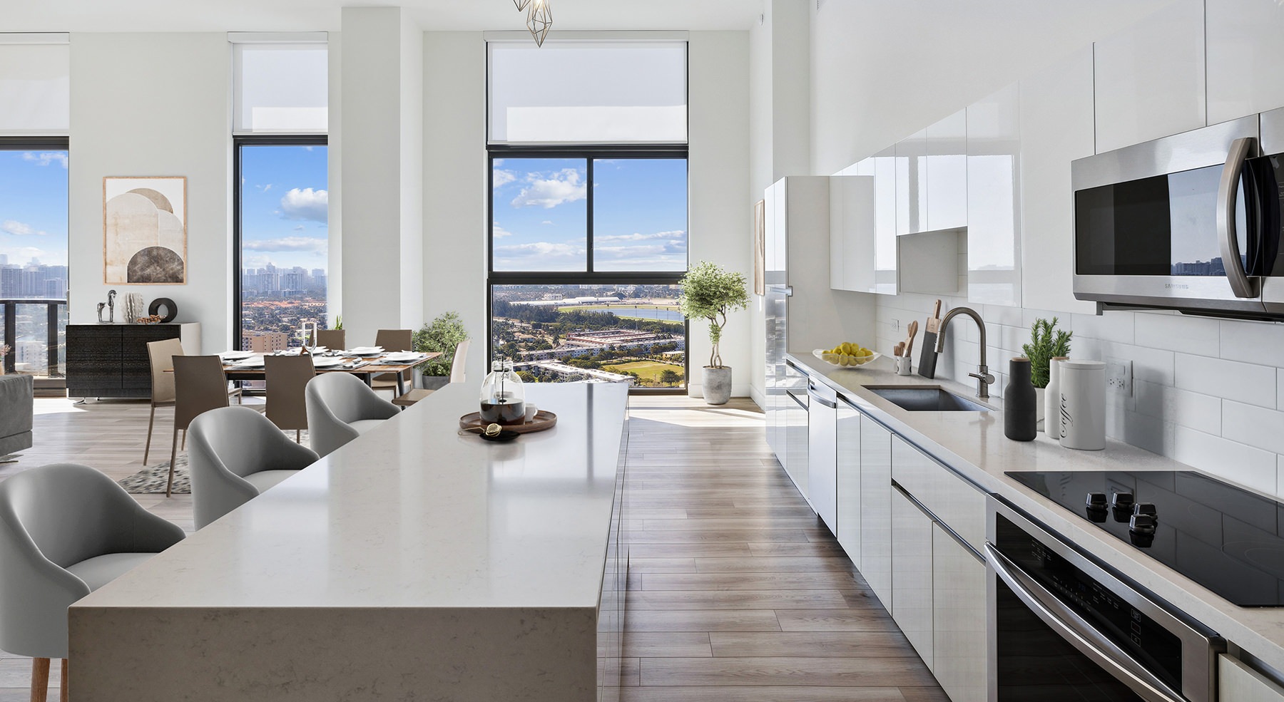 large kitchen with white cabinets