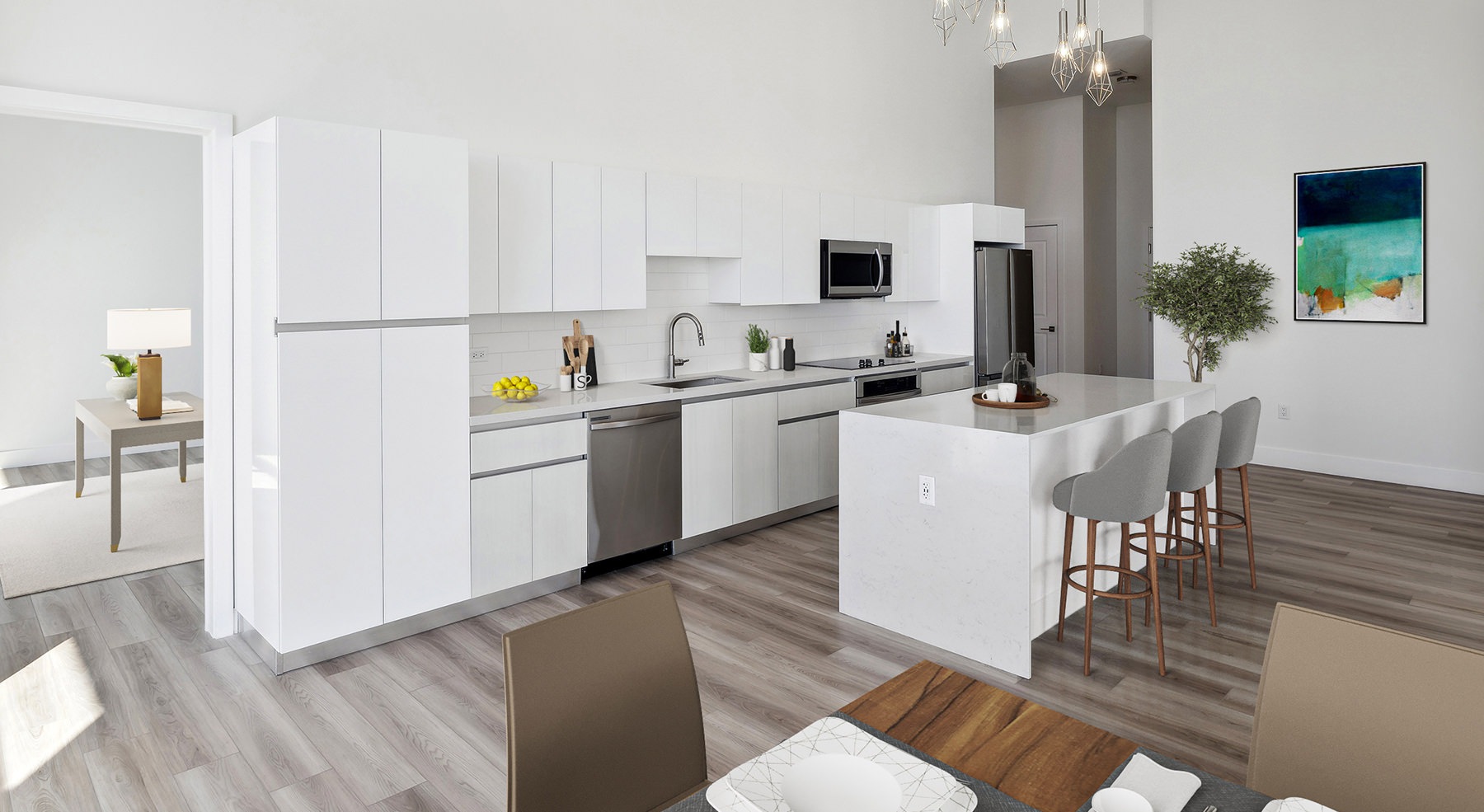 large kitchen with white cabinets