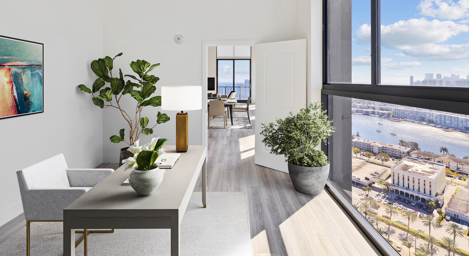 room with a desk and a large window